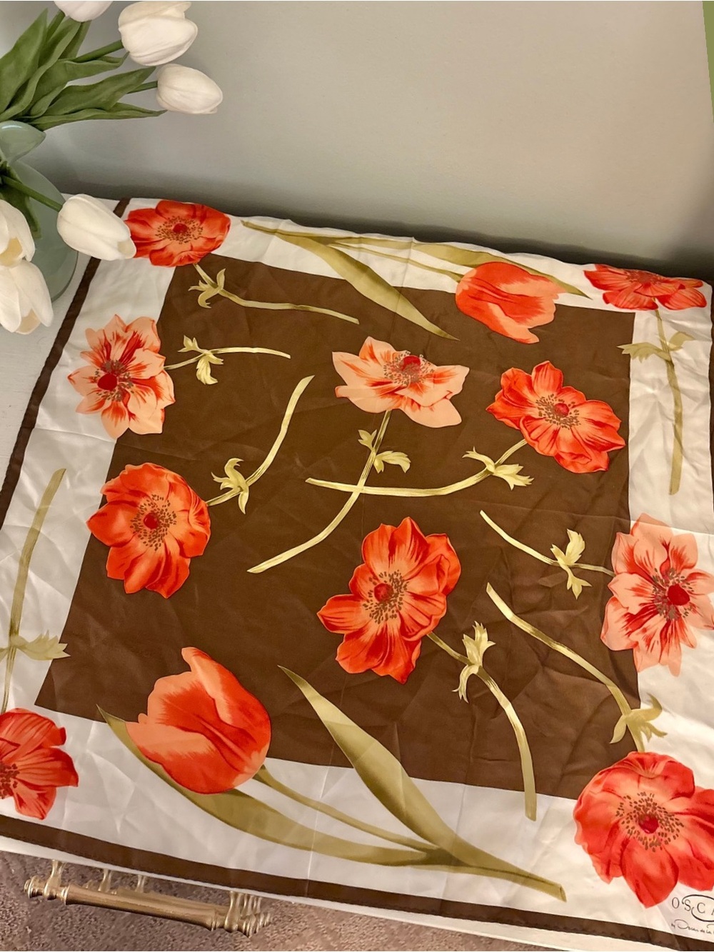 Vintage Oscar de la Renta silk scarf poppies floral